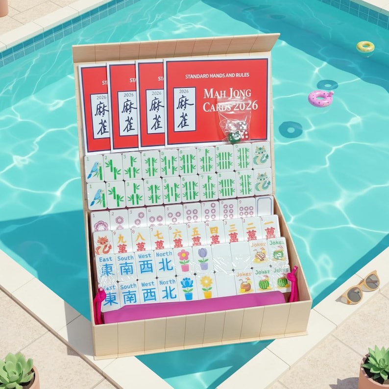 May include: Open mahjong set with tiles and dice, displayed in a box. The box is beige with a pink interior. The tiles are white with various symbols and characters. The set is labeled "MAH JONG CARDS 2026".
