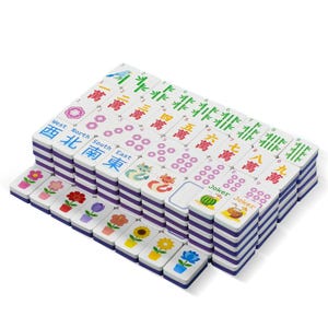 May include: A complete set of white and purple Mahjong tiles. The tiles feature Chinese characters, bamboo, dots, and flower illustrations. Some tiles are stacked, revealing their purple edges. The set includes Joker tiles and directional markers.