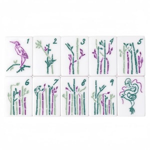 May include: A set of ten white Mahjong tiles. Each tile features a number and a unique design in green and purple. The designs include bamboo stalks, a bird, and a dragon. The tiles are arranged in two rows of five.