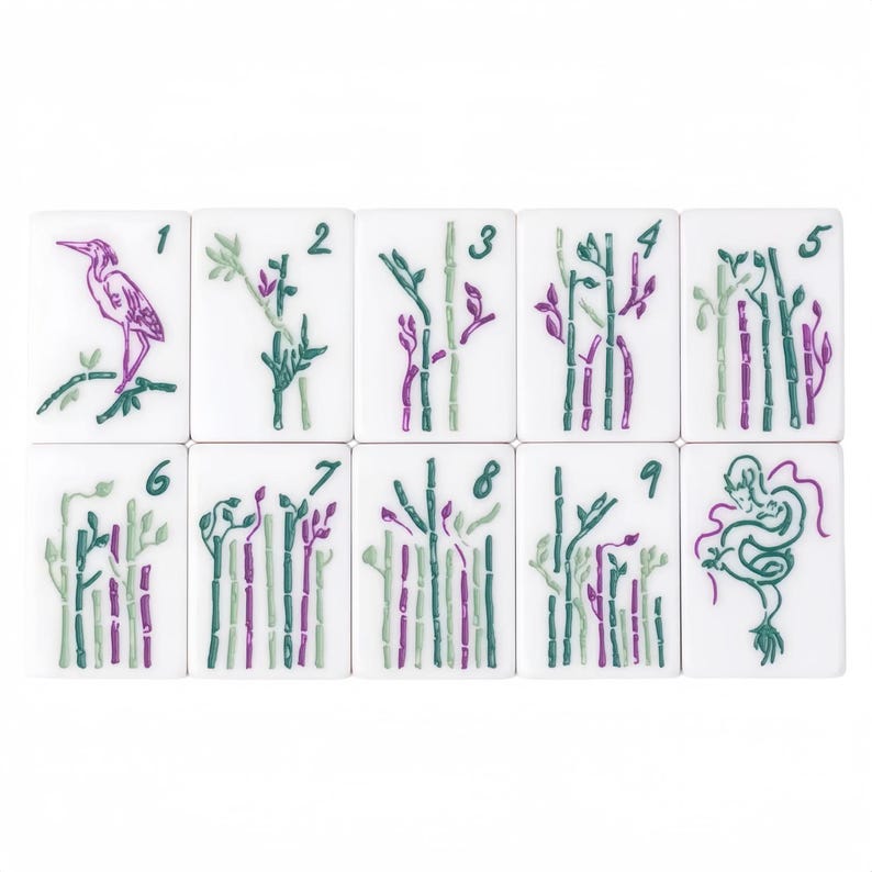 May include: A set of ten white Mahjong tiles. Each tile features a number and a unique design in green and purple. The designs include bamboo stalks, a bird, and a dragon. The tiles are arranged in two rows of five.