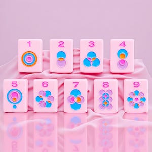 May include: A set of nine rectangular light pink tiles, each featuring a raised number from one to nine in a darker pink. Below each number is a colorful geometric design composed of blue, orange, and purple circular and floral patterns.