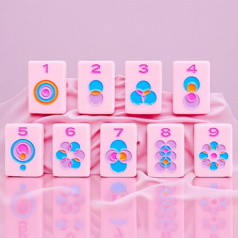 May include: A set of nine rectangular light pink tiles, each featuring a raised number from one to nine in a darker pink. Below each number is a colorful geometric design composed of blue, orange, and purple circular and floral patterns.