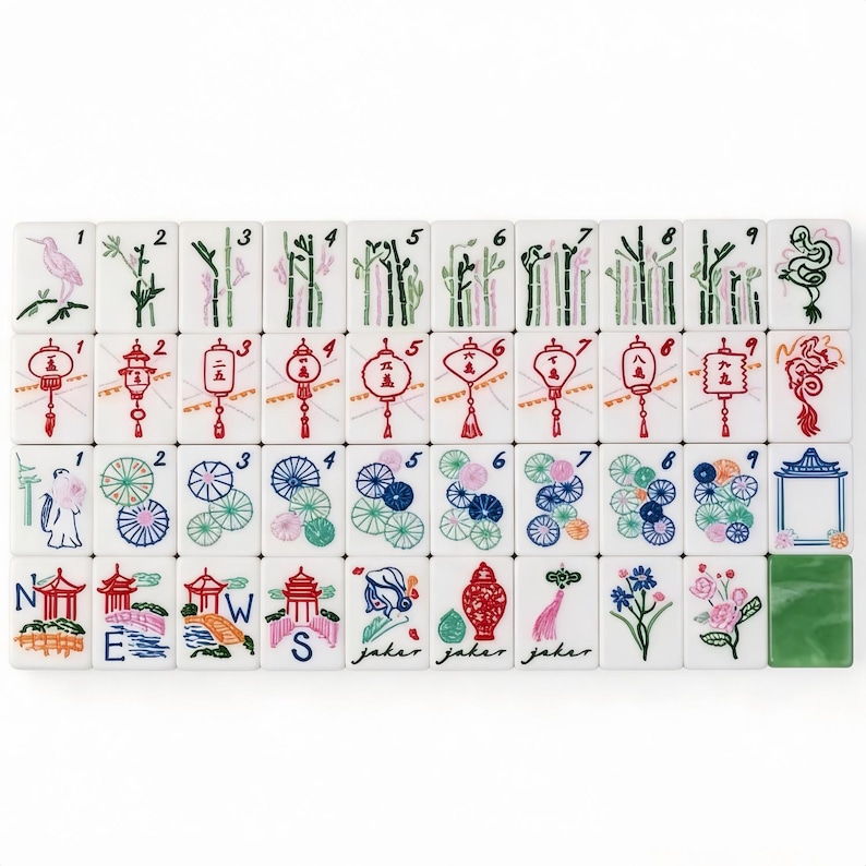 May include: A complete set of white Mahjong tiles with colorful illustrations. The tiles feature various designs, including bamboo, lanterns, flowers, and Chinese characters. The set includes tiles with numbers, suits, and directional symbols.