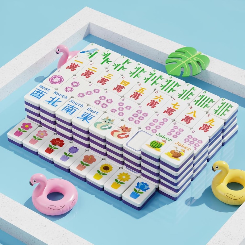 May include: A colorful Mahjong set with white tiles and purple edges. The tiles feature Chinese characters, numbers, and various symbols. Decorative flamingo and leaf accents are placed around the set, creating a playful aesthetic.