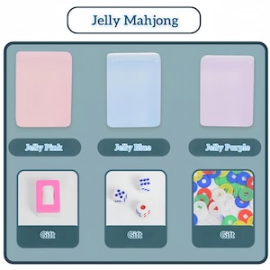 May include: Jelly Mahjong set featuring three rectangular tiles in pink, blue, and purple. The set includes gift items: a pink-bordered tile, three white dice with blue and red pips, and a collection of small, colorful circular tokens in red, green, blue, white, and yellow.