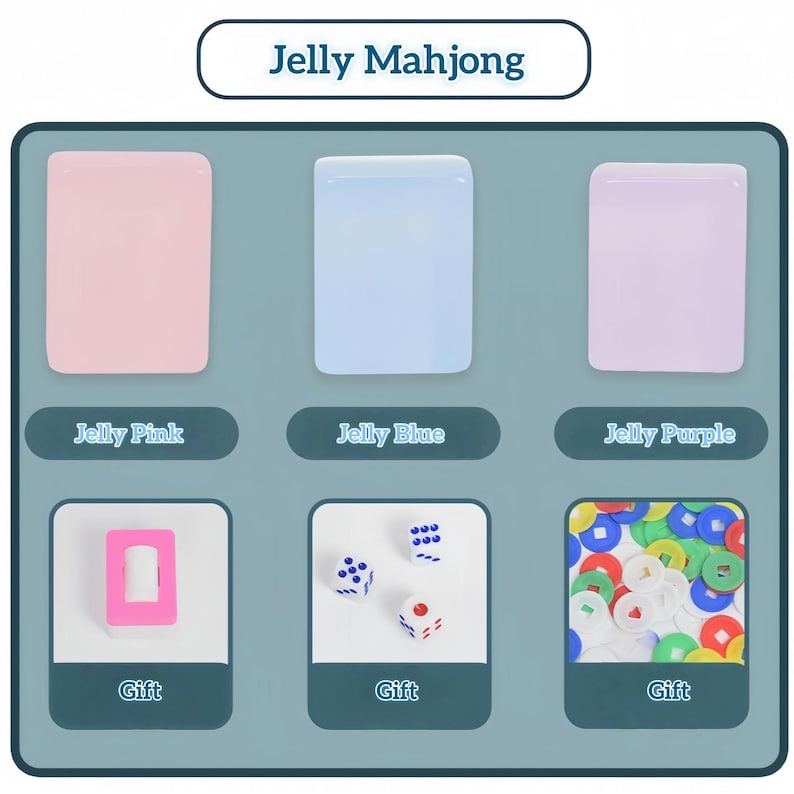 May include: Jelly Mahjong set featuring three rectangular tiles in pink, blue, and purple. The set includes gift items: a pink-bordered tile, three white dice with blue and red pips, and a collection of small, colorful circular tokens in red, green, blue, white, and yellow.