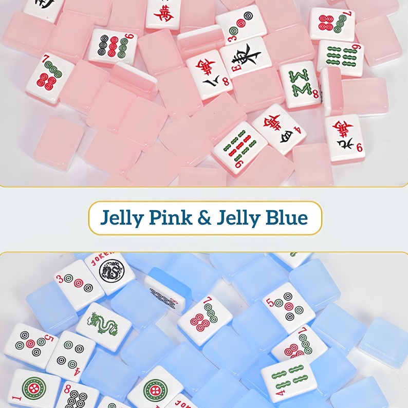 May include: A collection of translucent jelly pink and jelly blue mahjong tiles. The tiles feature white faces with various red, green, and black engraved symbols, numbers, and characters. The text Jelly Pink & Jelly Blue is centered between the two groups.