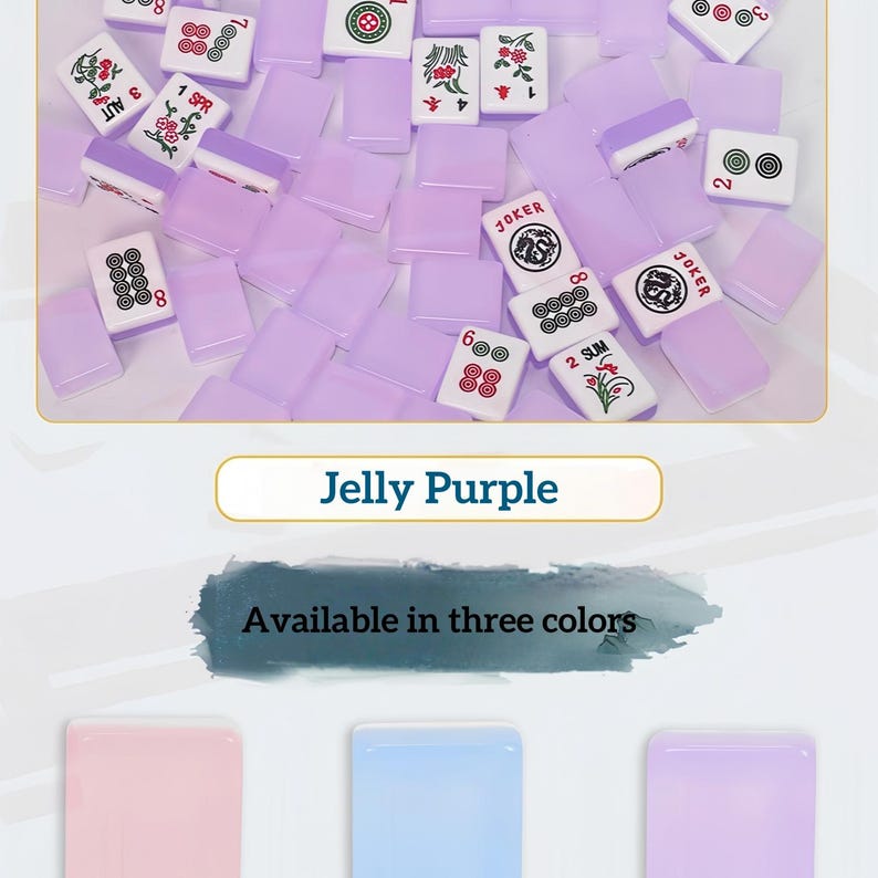 May include: A collection of translucent jelly purple mahjong tiles with white faces featuring various black, red, and green symbols, numbers, and text. Below, the text Jelly Purple and Available in three colors appears with three solid tiles.