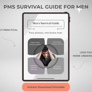 May include: Digital printable guide titled "PMS Survival Guide For Men." The guide, displayed on a tablet, features a man with his head in his hands, and text describing the menstrual cycle phases. Includes the text "Funny but practical" and "Less fights. More understanding."