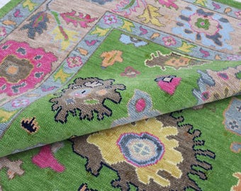 Green Oushak Rug 8x10 Wool: Hand-Knotted Turkish Vintage Carpet