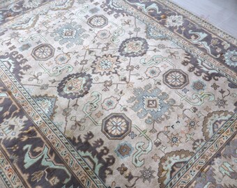 May include: A rectangular area rug featuring a beige background with a repeating pattern of octagonal medallions and floral motifs in shades of dark brown, light blue, and soft orange, framed by a wide border with intricate dark brown designs.