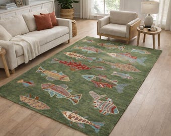 Neutral Area Rug Wool 4x6: Green Fish Design Carpet Handmade