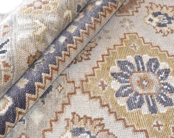 Hand Knotted Wool Oushak Rug, Camel Brown, Coral Accent