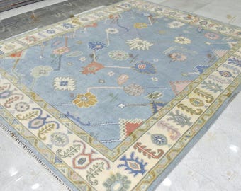 Handmade Blue Ivory Wool Oushak Rug 9x12, Traditional Floral Area Rug