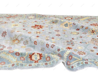 May include: A light blue area rug featuring a repeating pattern of floral and geometric motifs in shades of rust red, cream, and muted gold. The rug has a wide border with a similar intricate design and a soft, folded texture across the surface.