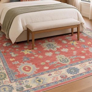 May include: A rectangular area rug featuring a vibrant coral red base with a repeating pattern of stylized floral and geometric motifs in shades of light blue, sage green, and cream. The rug has a wide border with a repeating blue and cream design.