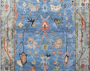 Blauw oushak-tapijt, handgemaakt wol, 8 x 10 vloerkleed, vintagestijl