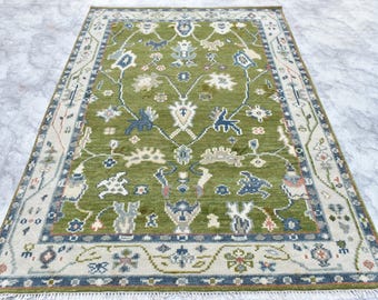 Green Oushak Rug Wool Hand-Knotted Turkish Carpet Multiple Sizes