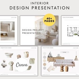 May include: A presentation layout for interior design, featuring multiple pages with design elements. The title reads "Interior Design Presentation." One page shows a living room with a sofa and decor. The Canva logo is visible.