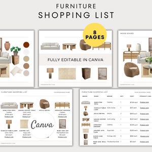 May include: A furniture shopping list template with a neutral color palette. The design includes a mood board, product images, and a price list. The text "FULLY EDITABLE IN CANVA" is displayed. The template is designed for interior design and home decor.