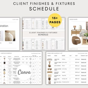 May include: A digital document titled "Client Finishes & Fixtures Schedule" with multiple pages. The document includes a mood board, lighting schedule, and furniture shopping list. The Canva logo is visible.