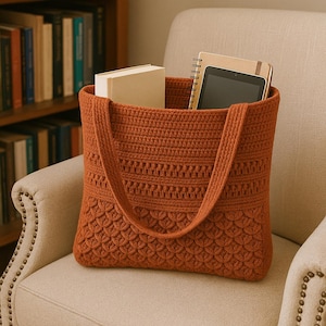 May include: A rust-colored crochet tote bag with a textured pattern, filled with a book, a tablet, and a notebook. The bag has two handles and is sitting on a cream-colored armchair. The bag's design features a repeating scale-like pattern.
