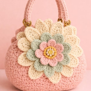 May include: A pink crocheted handbag with a large flower design. The flower features petals in cream, green, and pink, with a yellow center. The bag has a matching pink handle and gold-colored hardware.