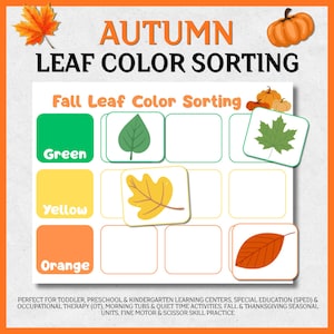 Op de afbeelding: Een educatief werkblad getiteld AUTUMN LEAF COLOR SORTING met een raster met groene, gele en oranje kleurblokken. Het bevat uitknipkaarten met diverse bladeren en pompoenen, ontworpen voor sorteertaken op basis van kleur.