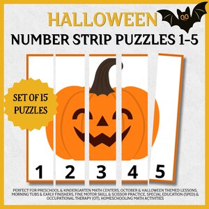 May include: A set of 15 Halloween number strip puzzles featuring a jack-o'-lantern graphic divided into five vertical segments labelled with the numbers 1 through 5. The text reads HALLOWEEN NUMBER STRIP PUZZLES 1-5 and SET OF 15 PUZZLES.