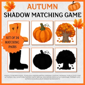 Könnte beinhalten: Ein pädagogisches Schatten-Zuordnungsspiel zum Thema Herbst mit 24 Paaren. Die Grafik zeigt orangefarbene Kürbisse, Bäume mit orangefarbenen Blättern und orangefarbene Stiefel neben ihren schwarzen Silhouetten auf weißem Hintergrund.