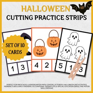 May include: A set of 10 Halloween cutting practice strips featuring cards with illustrations of pumpkins and ghosts. Each card includes numbers at the bottom for counting and fine motor skill development. A wooden clothespin is placed on one card.