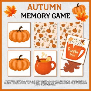 May include: An Autumn Memory Game printable featuring cards with orange pumpkins, fall leaves, and mugs of pumpkin spice drinks. The text reads Autumn Memory Game, Pumpkin Spice, and includes educational usage details at the bottom of the page.