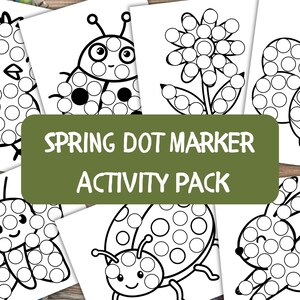 Op de afbeelding: Een verzameling dot marker-activiteitenpagina's met lentethema. De afbeeldingen bevatten een kuiken, een lieveheersbeestje, een bloem, een vlinder en een konijn, elk met een gestippeld ontwerp. De tekst op de afbeelding luidt "SPRING DOT MARKER ACTIVITY PACK."