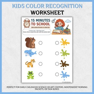 May include: A color recognition worksheet for children titled 15 Minutes to School. The page features a cartoon child with a magnifying glass, a squirrel, a shark, a tiger, and a frog, with corresponding paint splatters in yellow, green, brown, and blue.