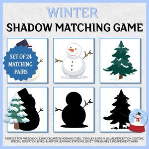 Może przedstawiać: Zimowa gra w dopasowywanie cieni z tekstem WINTER SHADOW MATCHING GAME oraz SET OF 24 MATCHING PAIRS. Siatka przedstawia ilustracje bałwana i choinki wraz z odpowiadającymi im czarnymi sylwetkami umieszczonymi w kwadratowych ramkach.