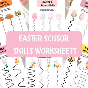 May include: A set of Easter-themed scissor skills worksheets. The worksheets feature illustrations of Easter eggs, bunnies, and other spring images. Designed to help children practice their scissor skills by cutting along the provided lines.