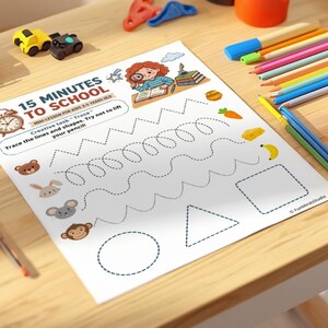 May include: A children's activity sheet with the text "15 Minutes to School" and illustrations of shapes and animals. Colored pencils, toy cars, and other school supplies are scattered around the sheet on a wooden surface.