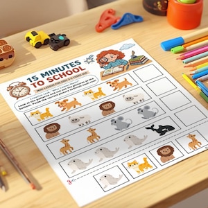Op de afbeelding: Een wit educatief werkblad getiteld 15 MINUTES TO SCHOOL voor kinderen van 3-5 jaar. De pagina bevat rijen met dierillustraties voor een patroonherkenningstaak, waaronder een kat, hond, leeuw, schaap, muis, giraf en zeehond.