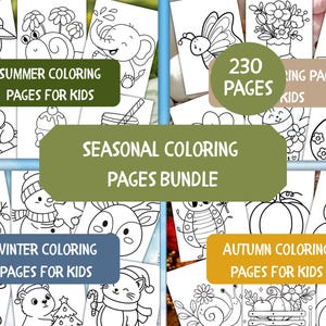 May include: A bundle of seasonal coloring pages for kids. The image shows various coloring pages with summer, winter, and autumn themes. The text on the image reads "Seasonal Coloring Pages Bundle" and "230 Pages".