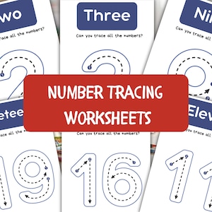 Puede incluir: Hojas de trabajo educativas para trazar números. La imagen muestra hojas de trabajo con los números 2, 3, 9, 19, 16 y 11. Cada hoja de trabajo tiene una pancarta azul con el número y la pregunta "¿Puedes trazar todos los números?" en blanco.