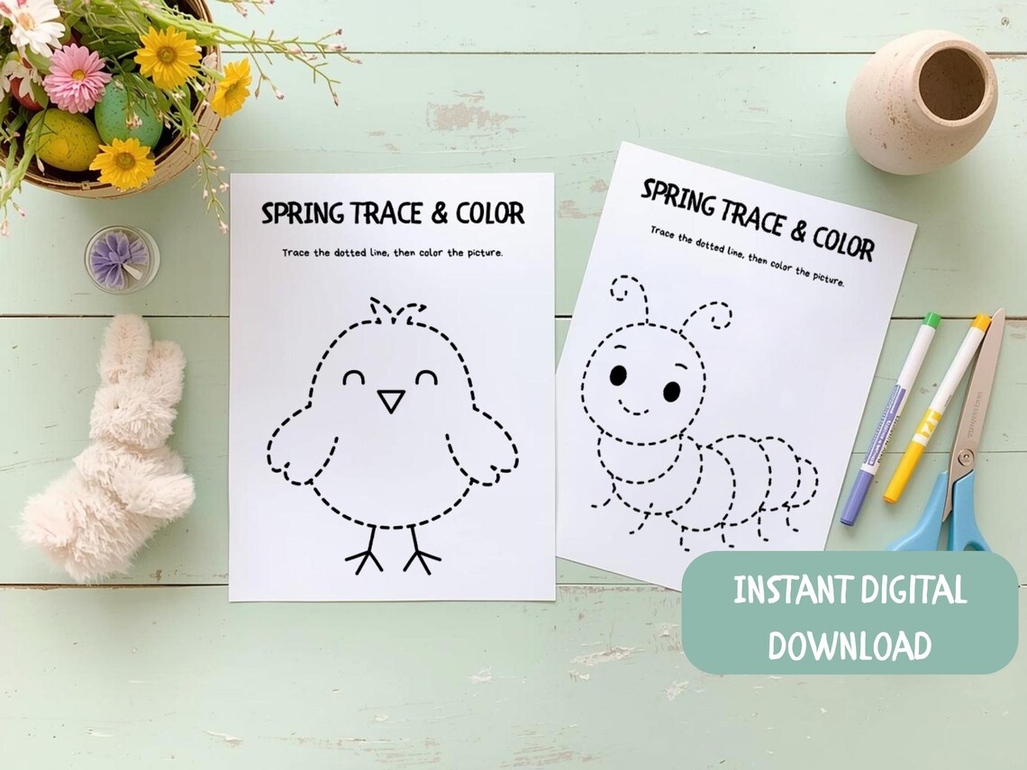 Spring Trace and Color Worksheets for Kids, Preschool Spring Activities ...