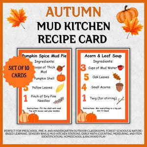 Könnte beinhalten: Ein Set aus 10 herbstlichen Matschküchen-Rezeptkarten mit Pumpkin Spice Mud Pie und Acorn & Leaf Soup. Die Karten enthalten Zutatenlisten mit Illustrationen von Kürbissen, Blättern, Eicheln und Zweigen sowie Anleitungen für das Spiel im Freien.