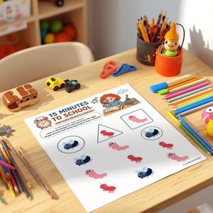 May include: A white educational worksheet titled 15 MINUTES TO SCHOOL featuring cartoon bug illustrations and geometric shapes for children to trace, surrounded by various coloured pencils, markers, and small plastic toy figures on a wooden desk.