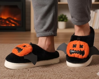 Halloween Pumpkin Bat Slippers: Plush Costume Shoes