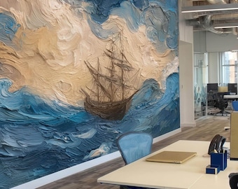 Vincent Van Gogh Style Sailboat Oil Painting Wallpaper, Stormy Ocean Mural for Office, Van Gogh Inspired Marine, Heavy Swell Sailing Ship