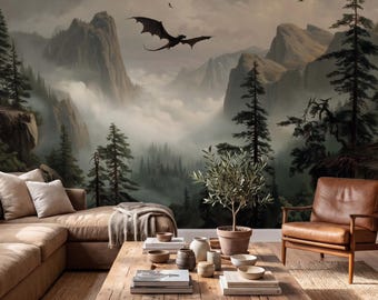 Fantasy Dragon Wandbild, nebelhafte Berglandschaft Tapete, dunkler Wald landschaftlich Peel-Stick Schlafzimmer Dekor Wohnzimmer Akzent Kunst Trw164