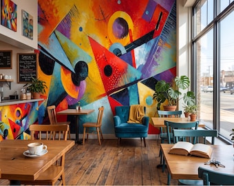 Papel de Parede Abstrato Cubista Mural Geométrico Decoração de Parede para Café, Restaurante ou Bar Trw165