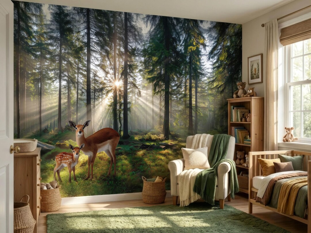 Magical Forest Woodland Nursery Wallpaper, Sunbeam Forest Mural Deer ...