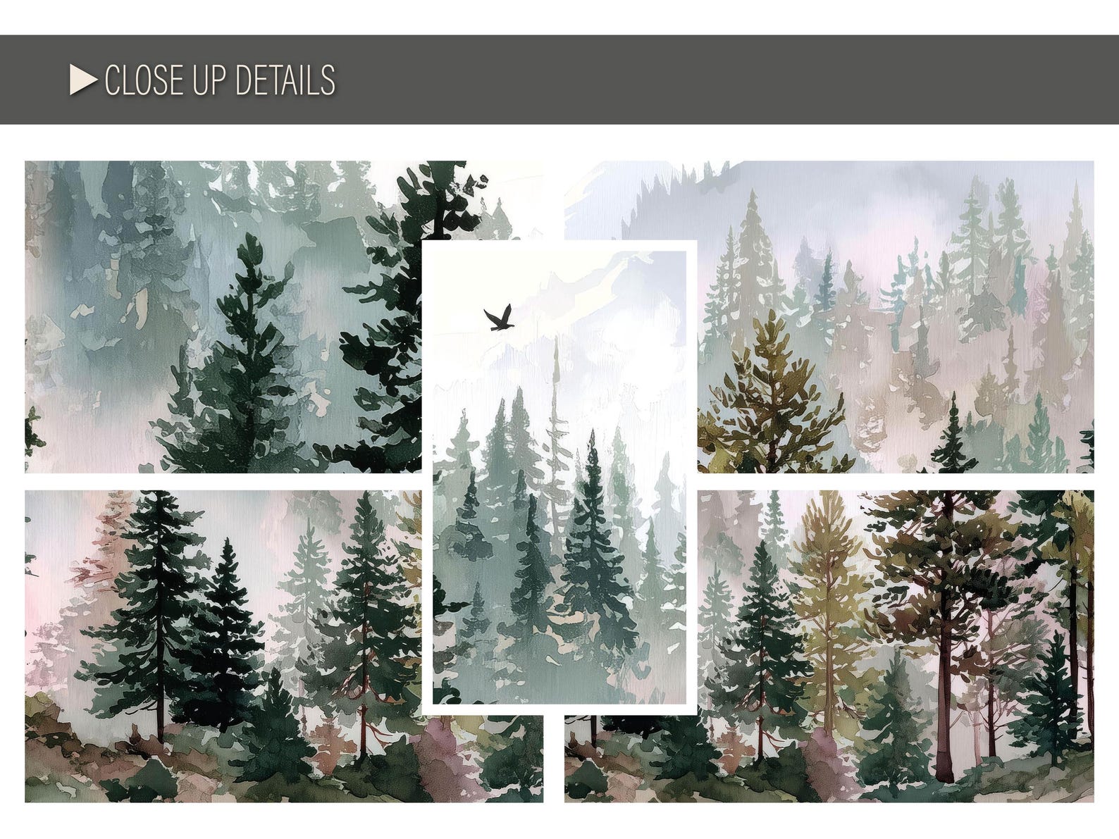 Watercolor Forest Wall Mural Pine Tree Wallpaper Kids Room Misty Green ...
