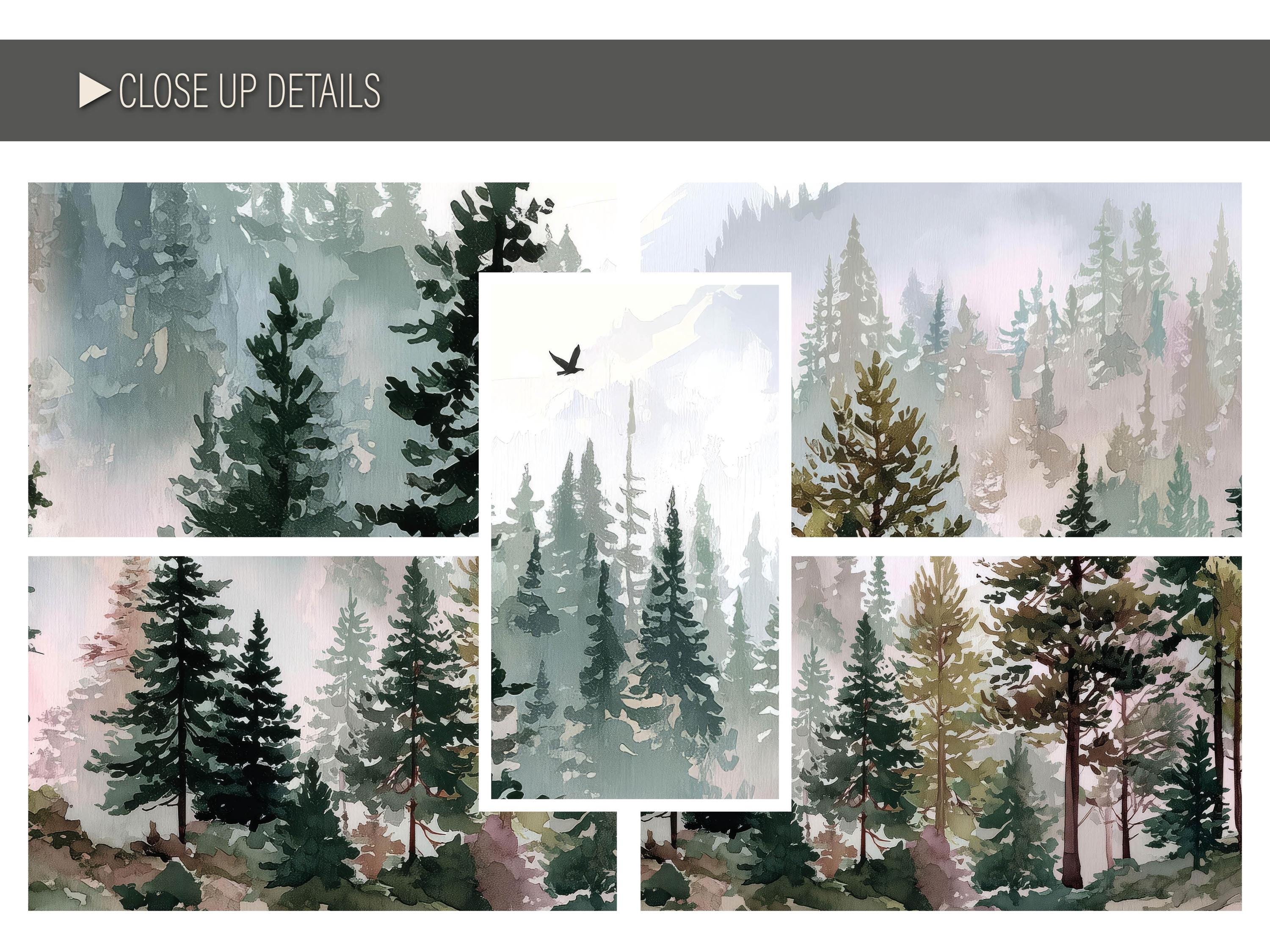 Watercolor Forest Wall Mural Pine Tree Wallpaper Kids Room Misty Green ...